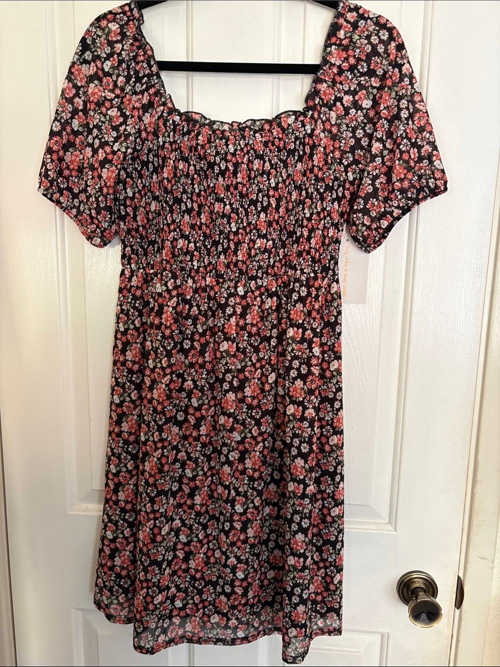 Floral Smocked Casual Dress in Black and Pink